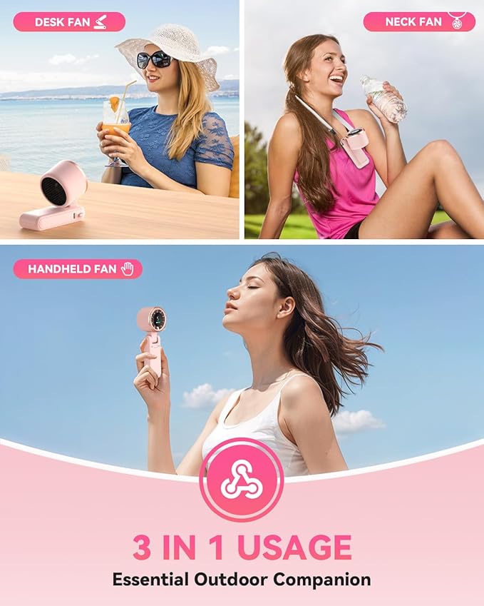 PlayHot Portable Handheld Turbo Fan, 5-Speed Personal Fans, 5000mAh Rechargeable Fans Up to 12 Hours, Weight only 0.6lb Small Fan, Hand/Neck/Desk Fan 3 IN 1, Beach Vacation Essentials(Pink)