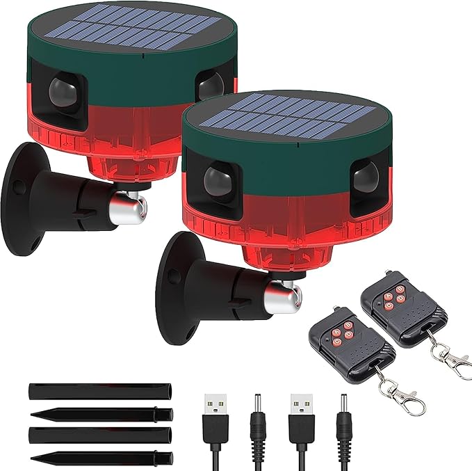 2Pack Solar Sensor Security Alarm Lights Outdoor,WONFAST 360° Motion Detector LED Flashing Strobe Light Warning Lamp Built-in 13Sounds,129db Loud Siren Sound for Home Farm Barn Villa Yard(Red)