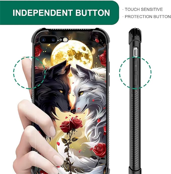 for iPhone 7/8 Case, Black White Wolf Moon Flower Rose Pattern Made of Soft Silicone Hard Acrylic Shock Protection for iPhone 7/8