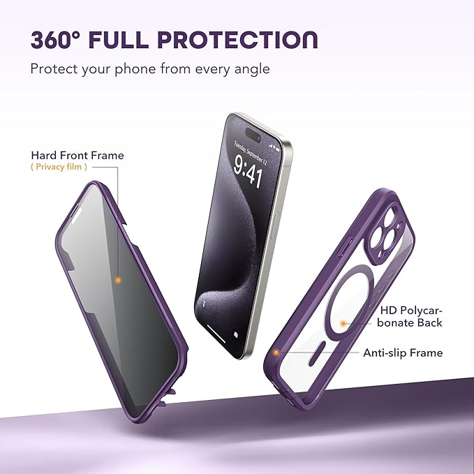 TIESZEN for iPhone 15 Pro Max Case, Compatible with MagSafe, Built-in Privacy Screen Protector and Camera Protection, Anti Spy Full Body Dustproof Shockproof Hard Phone Case 6.7", Purple