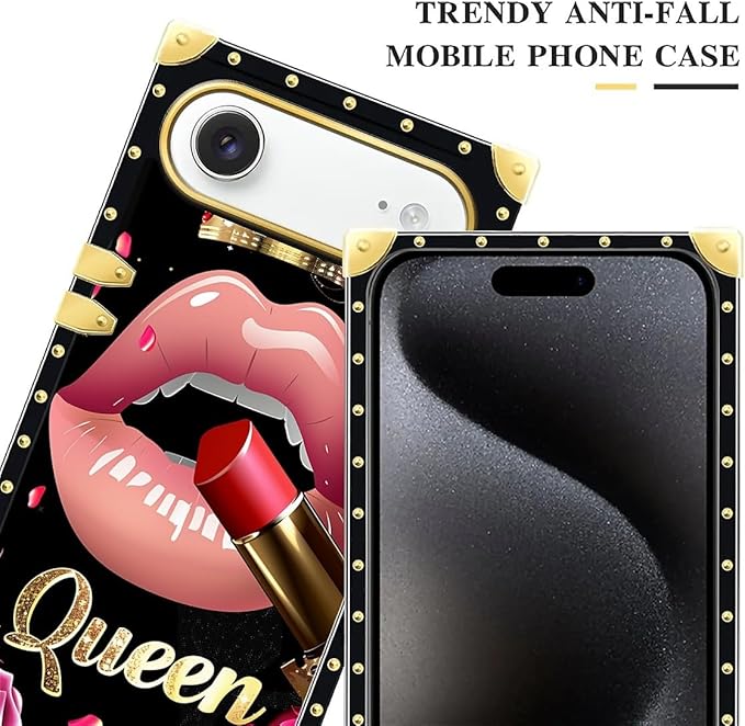 for iPhone 17 Air Case Luxury Golden Decoration for Girl Women Soft TPU Shockproof Protective Hard PC Back for iPhone 17 Air Crazy Pattern Glitter Red Rose Queen Leopard Lipstick