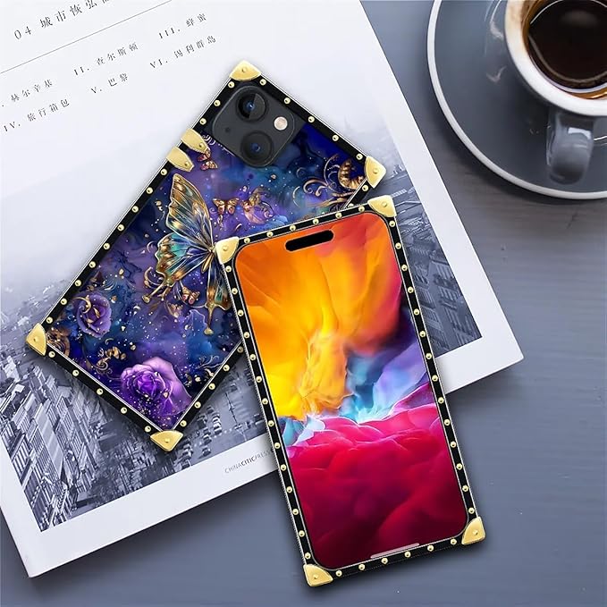 Compatible with iPhone 15 Case, Glistening Golden Butterfly Vibrant Purple Blue Luxury Golden Decoration for Girl Women Soft TPU Shockproof Protective Hard PC Back for iPhone 15