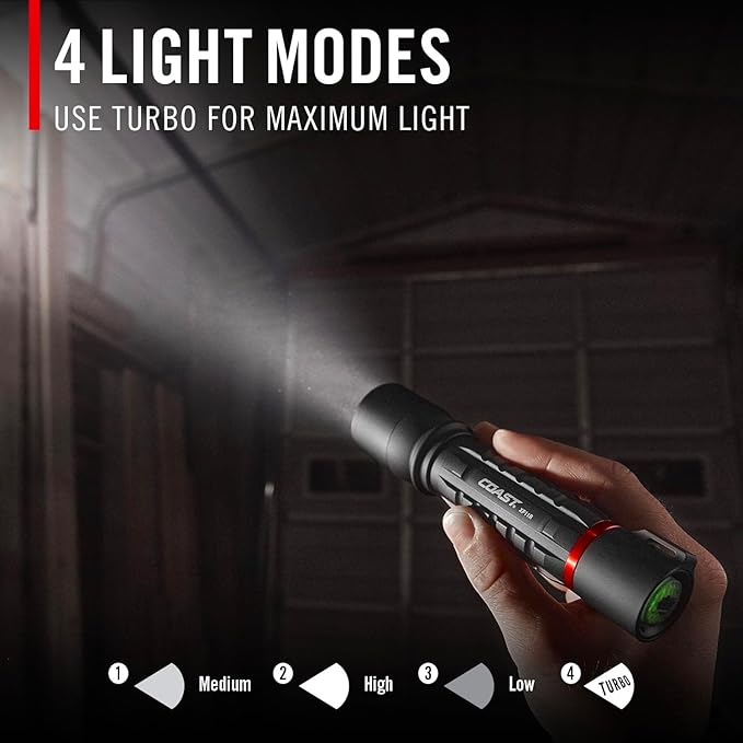 Coast XP11R 2600 Lumen USB-C Rechargeable LED Flashlight with Slide Focus® and Pure Beam® Focusing Optic, 4 Light Modes, Black