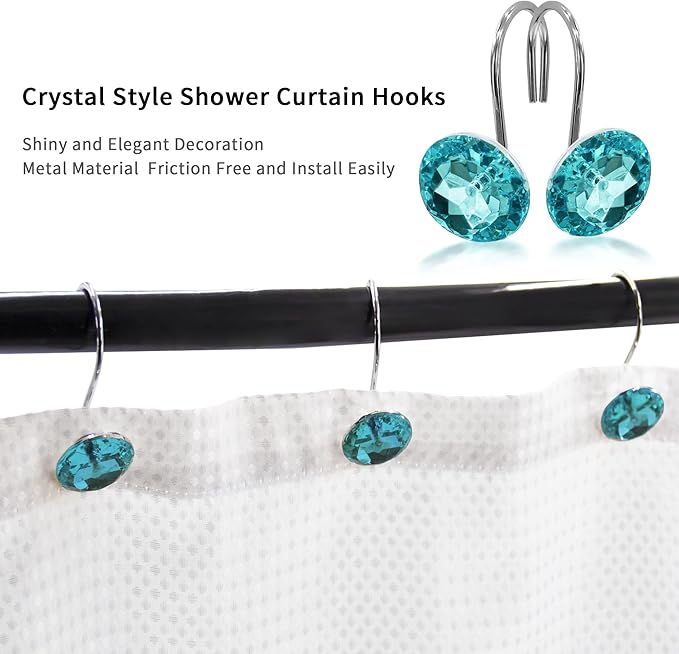 MitoVilla 24 Pcs Set Teal Blue Shower Curtain Hooks, Metal Shower Hooks for Turquoise Shower Curtain & Liner, Aqua Rust Proof Shower Rings for Curtain and Shower Rod