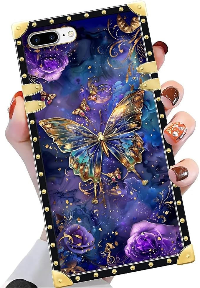 Compatible with iPhone 8 7 SE Case, Glistening Golden Butterfly Vibrant Purple Blue Luxury Golden Decoration for Girl Women Soft TPU Shockproof Protective Hard PC Back