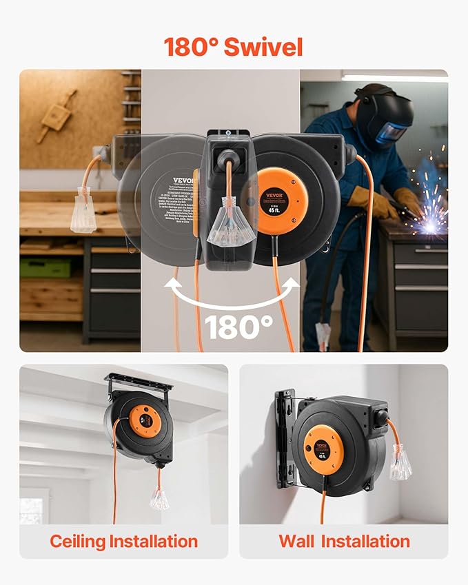 VEVOR Retractable Extension Cord Reel, 45 FT, Heavy Duty 12AWG/3C SJTOW Power Cord, with Lighted Triple Tap Outlet, 15 Amp Circuit Breaker, 180° Swivel Bracket for Ceiling or Wall Mount