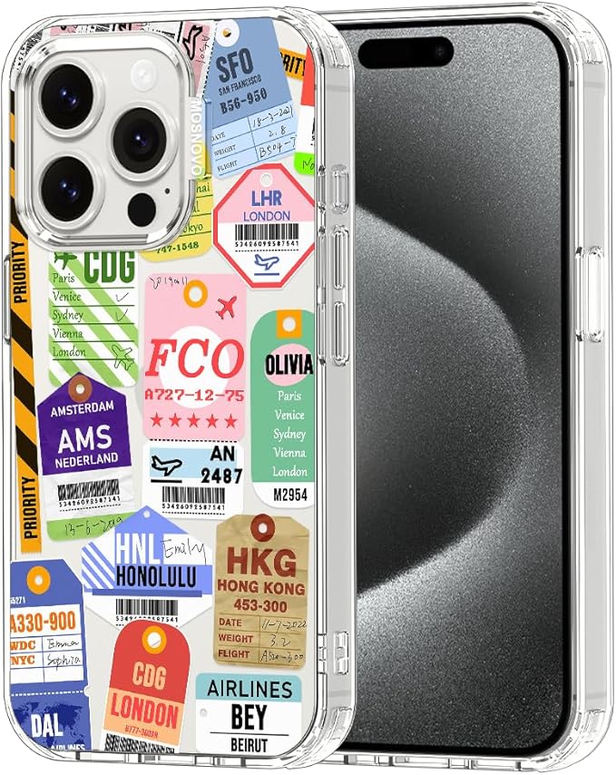 MOSNOVO Case for iPhone 15 Pro, [Buffertech 6.6ft Military-Grade Drop Protection] [Anti Peel Off Tech] Clear TPU Bumper Phone Case Cover Design - Air Ticket Labels
