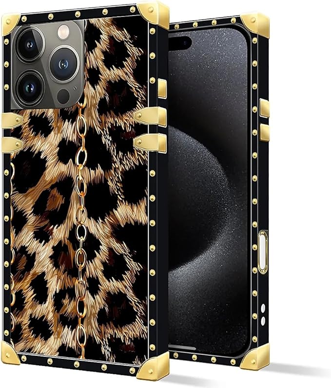 Compatible with iPhone 16 Pro Case, Seamless Gold Chain Leopard Luxury Golden Decoration for Girl Women Soft TPU Shockproof Protective Hard PC Back