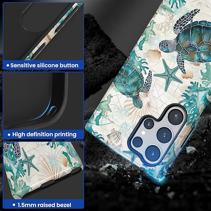 for Samsung Galaxy S24 Ultra Case,HL2 Ocean Sea Turtle Nautical Map Hybrid 2 Layer Hard Shell Silicone Protective Pattern Design Case