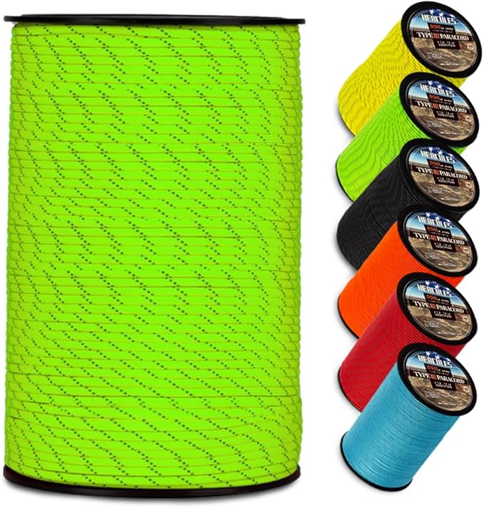HERCULES Type III Paracord 550 Paracord Rope Parachute Cord, 250' Reflective for Survival Rope, Survival Cord