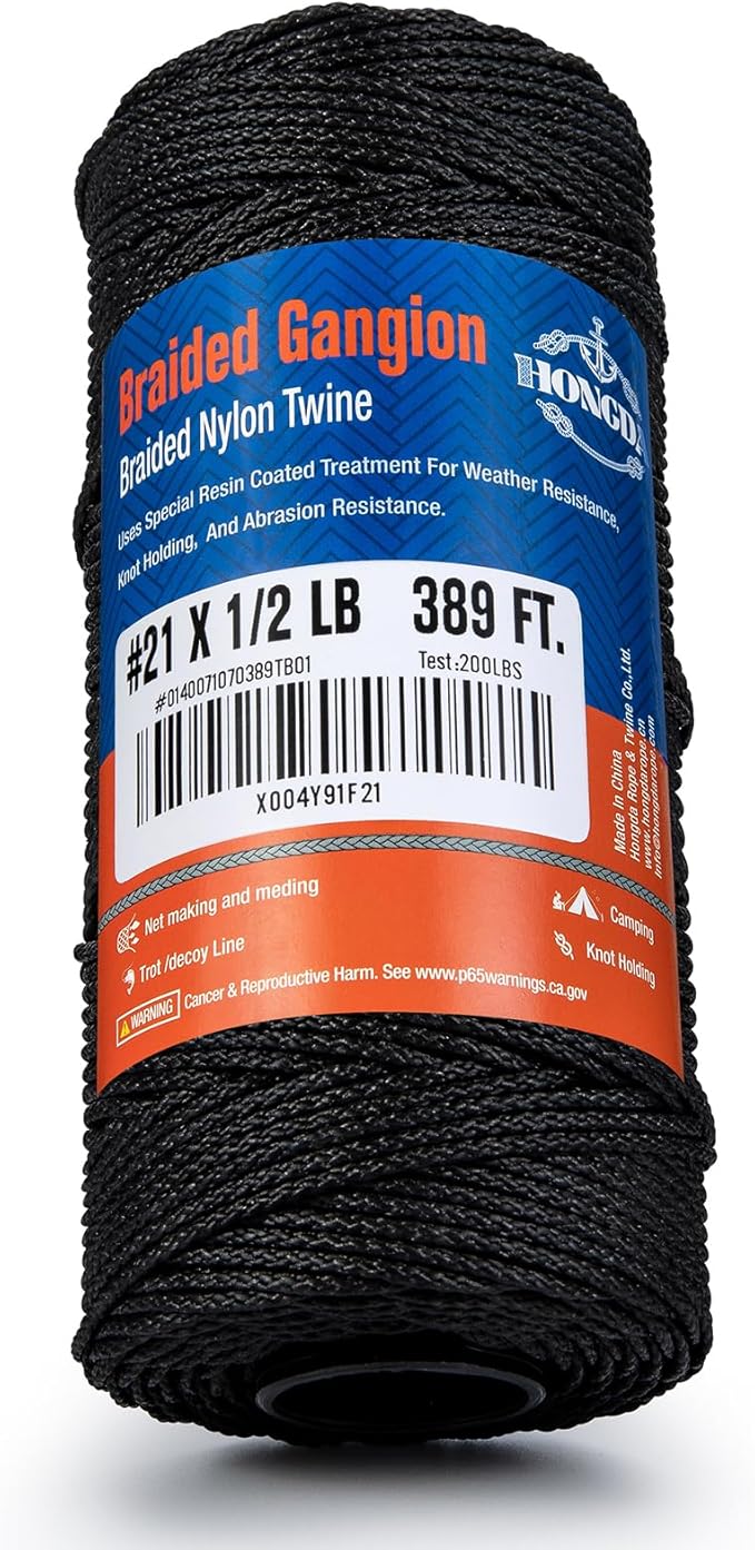 HONGDA #21 Braided Bank Line Twine, Braided Nylon String, 389 Feet Bank Line, Black Tarred String for Gardening, Construction, Gear Tying, Jungle Survival