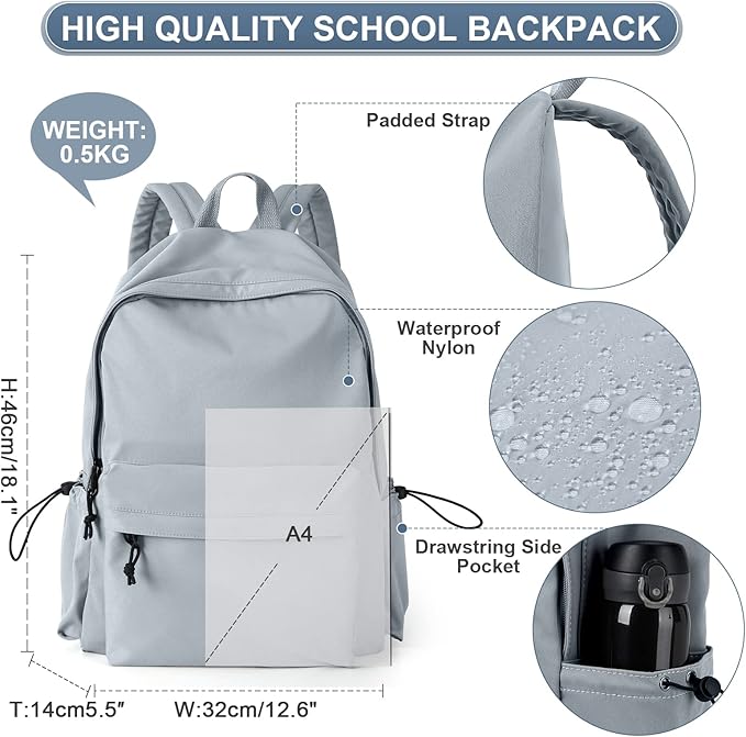 PAUBACK Blue School Backpack for Girls Water Resistant High School Book Bag Simple Backpack for Teens Boys Girls, Lightweight Middle School Back Pack Daypack