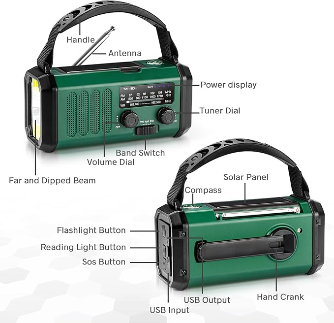 Hand Crank Emergency Radio, NOAA Weather Radio with AM/FM Solar Radio,10000mAh Rechargeable Battery Powered, USB-C Charger, Flashlight, SOS Alarm, for Storm, Hurricanes Outdoor Survival Emergencies