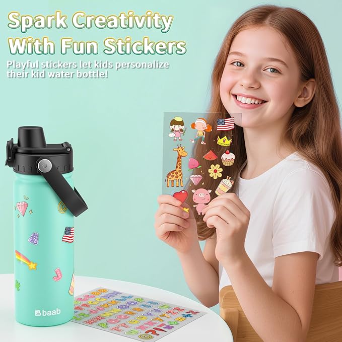 baab 18oz Kids Water Bottle, Insulated Kids Water Bottle with Lockable Spout Lid & Stickers, 18/8 Stainless Steel Vacuum Leakproof Kid Water Cup with Boy Girl & School (Mint Green, 1 Pack)
