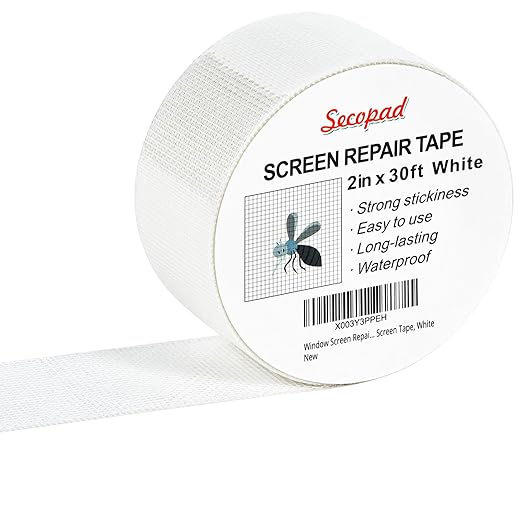Secopad White Window Screen Repair Tape, 2 in X 30 FT (360IN) Kit for Windows or Doors, Strong Adhesive Patch Fiberglass Mesh Repair