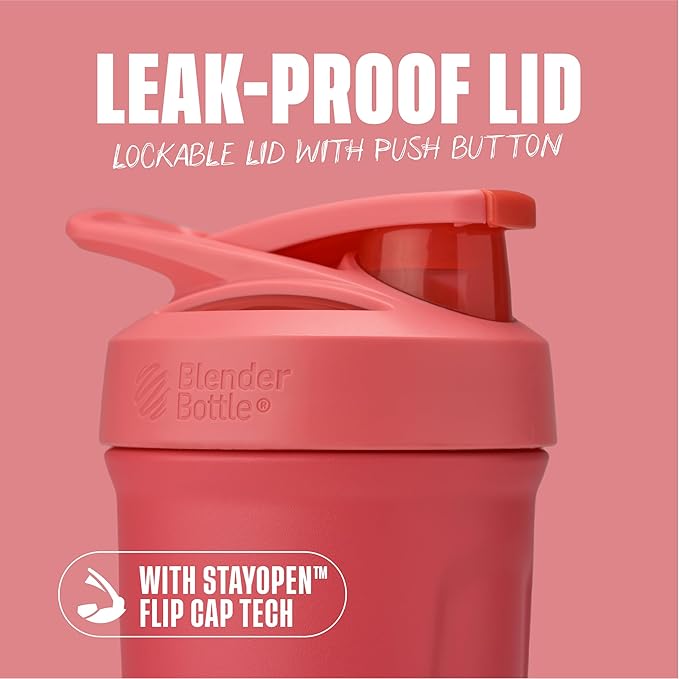 BlenderBottle Sport Insulated Stainless Steel Shaker Bottle with Wire Whisk, 24-Ounce, Pink – Protein Shakes & Hydration for Athletes & Fitness Enthusiasts, Easy Mixing, Lockable Lid