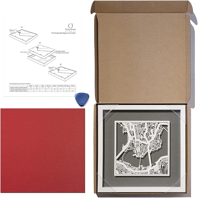 O3 Design Studio Washington D.C. Cut Map Framed, White map, White Frame, 9x9 inches, Paper Cutting Art Work, Gift Boxed, 4 Background Color, self-Changing, Wall Art