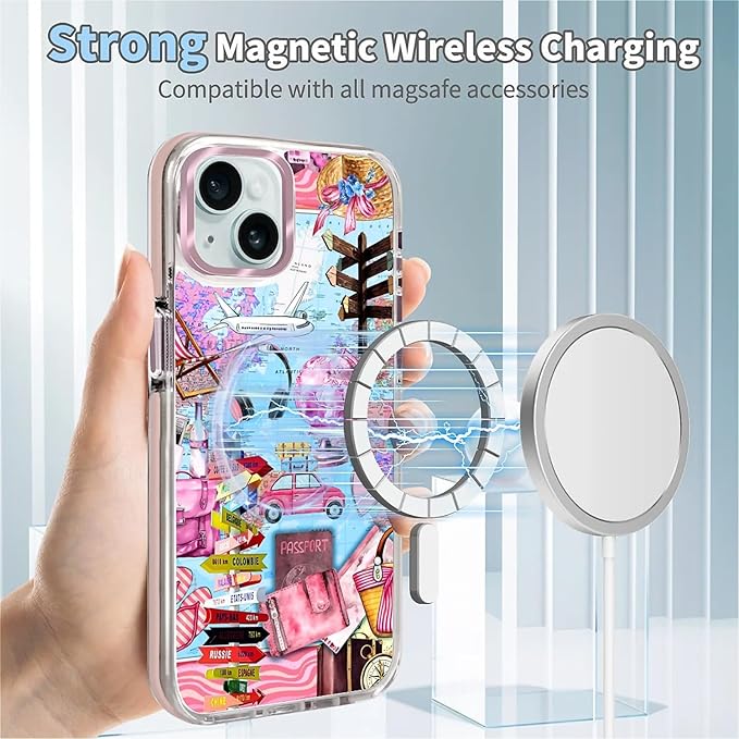 Case for iPhone 13/14,[Compatible with MagSafe],Cover Holiday Trip World Map Phone Case Design，for Women Girls Magnetic Clear Cover - Slim, Sleek, & Shockproof Protection