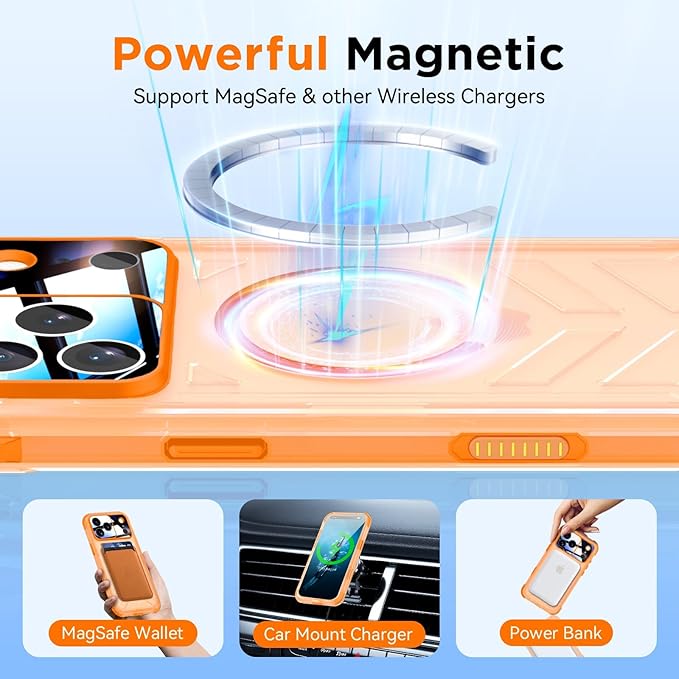 WIFORT for iPhone 17 Pro Max Waterproof Case, [Fit for Magsafe] with Sapphire Lens & Screen Protector, IP68 Full Body 15FT Military Shockproof, Magnetic Frosted Phone Cover with Lanyard, 6.9" Orange