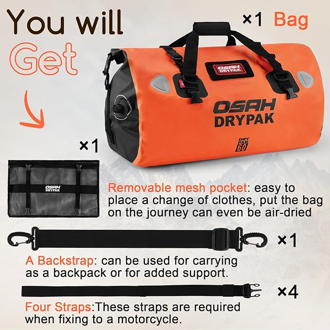 OSAH DRYPAK Waterproof Duffel Bag - Motorcycle Dry Bag Tail Bag with Large Storage Space, Waterproof Luggage Duffle Bags with Outer Mesh Zipper Pocket for Camping, Kayaking, Fishing & Traveling