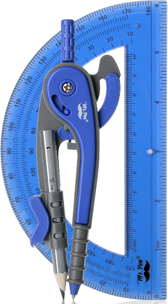 Mr. Pen- Geometry Compass and Protractor Set, 6 Inch Compass, 6 Inch Protractor, Drawing Tool for School, Clear Plastic, Easy Grip, Precision Design for Math, Art, Drafting, Architecture