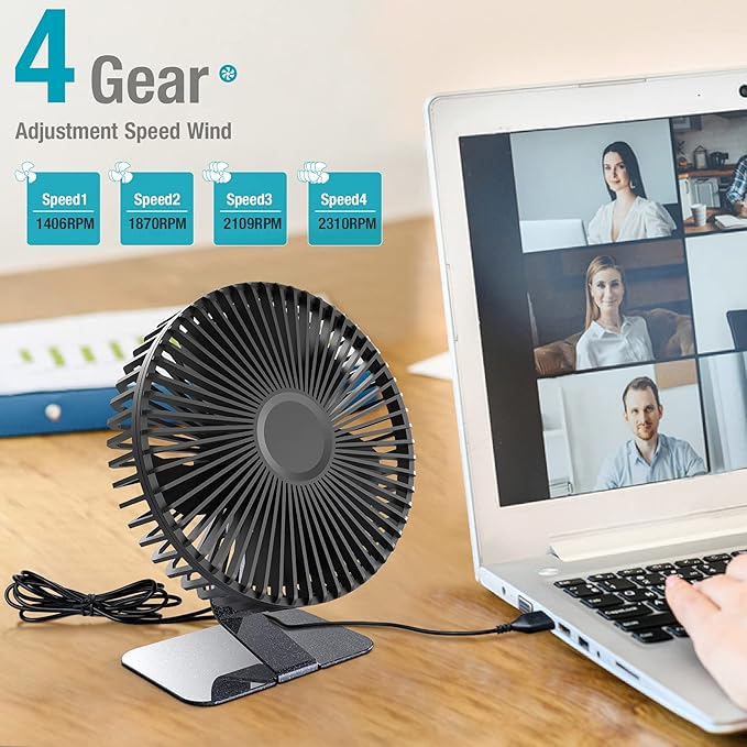 SLENPET 6-inch USB Small Desk Fan, 4 Speeds, Ultra-quiet, 90° Adjustment for Better Cooling, Portable Mini Powerful Desktop Table Fan, Personal Fan for Home Office, Metal Base, Black