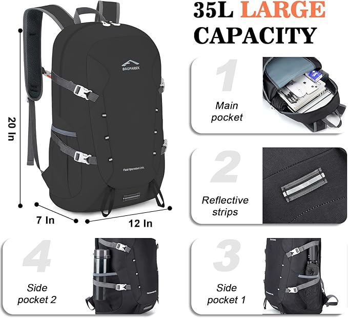 BAGPARKK Hiking Backpack,Large 35L Travel Backpacks for Men Women,Water Resistant Ultra Lightweight Foldable Packable Camping Daypack for Outdoor Sports