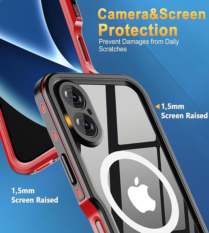 for iPhone 16 Case Waterproof | Full Body Shockproof Dust Proof Phone Case Cover with Screen Protector - Red