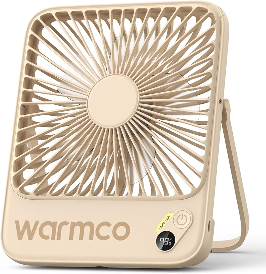 Warmco 10000mAh Portable Travel Fan 7-inch, Max 24H Runtime, Ultra-thin Quiet Rechargeable Battery Operated Desk Fan with Digital Display for Camping, Office, Bedroom, Cruise Essentials