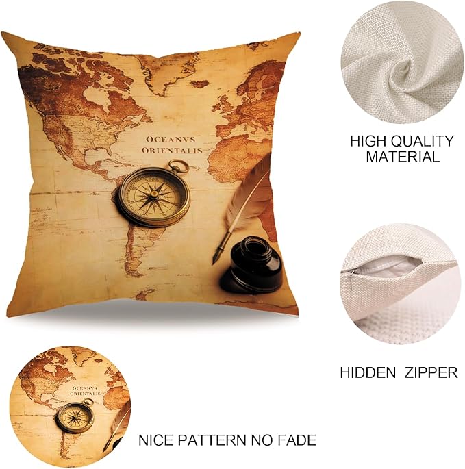 7COLORROOM Set of 2 Vintage World Map Pillow Covers Navigation Compass Square Decorative Throw Pillow Case Cotton Linen Cushion Cover 18”X 18” for Home Sofa Bedding Decoration (Brown map)