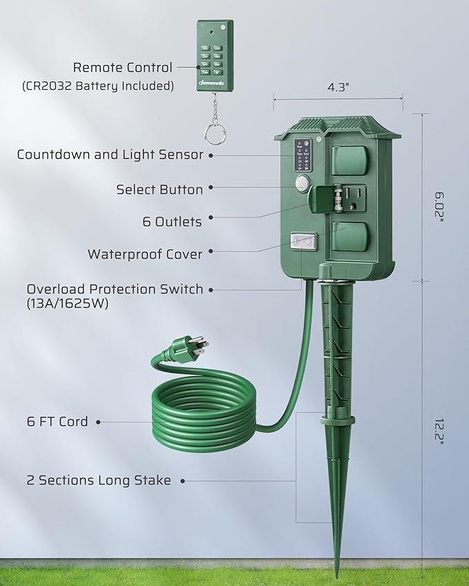 DEWENWILS Outdoor Power Stake Timer Waterproof, 6 Grounded Outlets, 6FT Extension Cord, 100FT Wireless Remote Control, Photocell Dusk to Dawn Timer for Lights, Yard, Garden, UL Listed