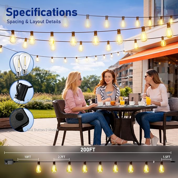 200FT LED Outdoor String Lights with Remote, One Continuous Strand Patio Lights with 72+2 Shatterproof S11 Bulbs, Dimmable 2200K Warm White, Timer & 3 Modes, Low Voltage for Backyard Garden
