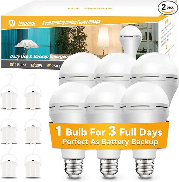 Neporal A19 Rechargeable Light Bulbs, Socket Rechargeable Emergency Light Bulb for Power Failure, Battery Backup Bulbs for Home, Hurricane, Led Bulb 60 Watt Equiv. (White, 6 Count (2600mAh))