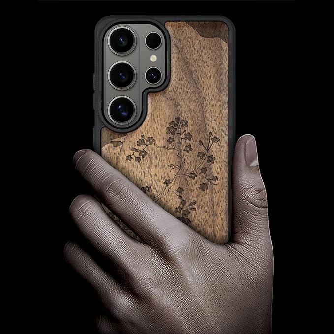 Carveit Magnetic Wooden Case for Samsung Galaxy S26 Ultra Case 2026, TPU Shockproof Cover & Wood Artisan Engraved, Compatible with MagSafe Wireless Chargers (Cherry Blossom with Mount Fuji) Walnut