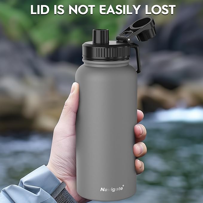 Navigate 32 oz Insulated Stainless Steel Sports Water Bottle with Spout & Handle Lids,Wide Mouth Water Jug with Double Walled Leak Proof Keep Cold for 24 Hrs Hot for 12 Hrs,Grey