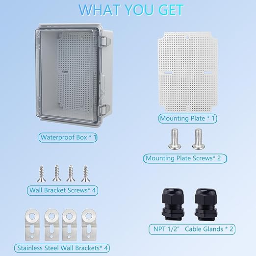IP67 Waterproof Junction Box, ABS Plastic Electrical Enclosure with Stainless Steel Latch, Hinged Cover Electric Box with Mounting Plate, Wall Brackets & Cable Glands 210x160x100mm