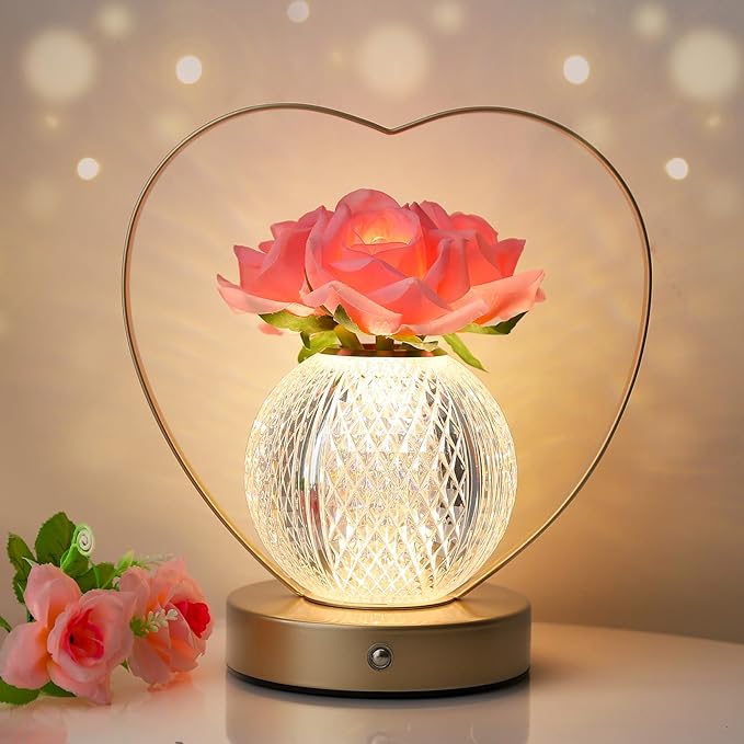 AMWGIMI Rose Flower Lamp,Birthday Gifts for Women,Rechargeable Cordless LED Touch Lamps,3-Colour Infinitely Dimming Small Night Light,for Living Room,Dining Room,Bedroom Festival Home Decor