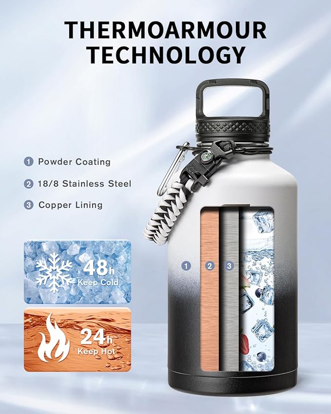 Trebo Water Bottle 64oz with Paracord Handle, Half Gallon Large Vacuum Triple Wall Stainless Steel Insulated Water Jug with Holder Strap Straw Spout Lids, Leakproof Keep Cold & Hot,Black and white