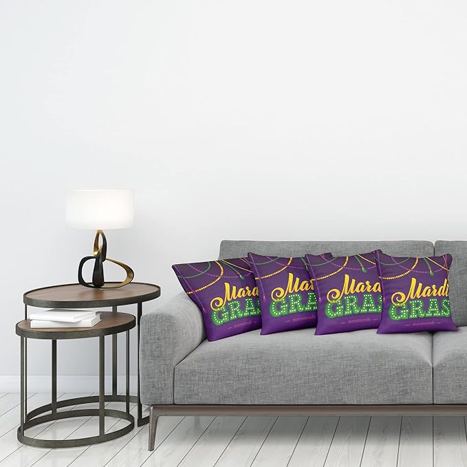 Ambesonne Mardi Gras Throw Pillow Cushion Case Pack of 4, Beads and Tassels Masquerade Theme Calligraphy Design Fun Print, Modern Accent Double-Sided Digital Printing, 16", Purple Marigold
