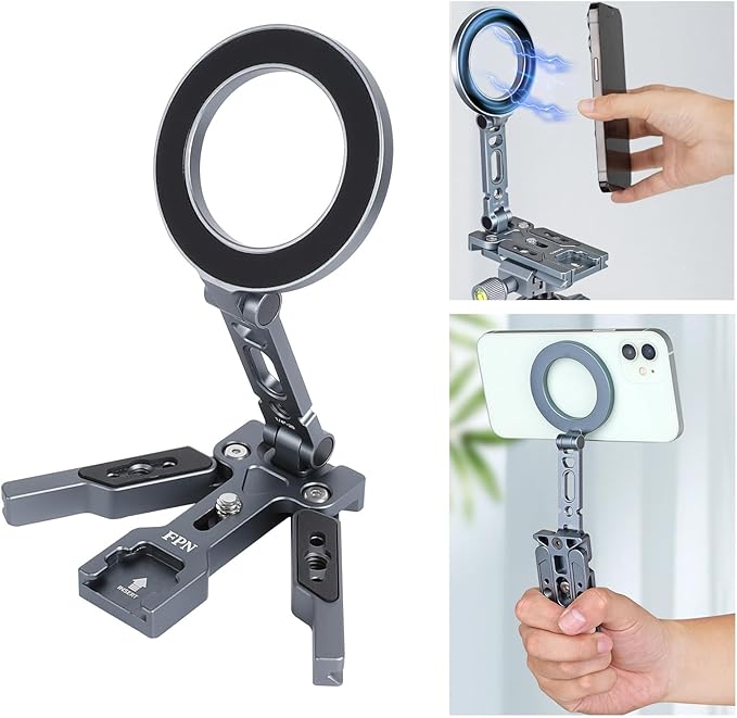 Magnetic Pocket Tripod for MagSafe, Foldable Cell Phone Desk Stand Compatible with iPhone 16/15/14/13/12 Series, Mini Phone Tripod Mount Handle Stand Travel All in One