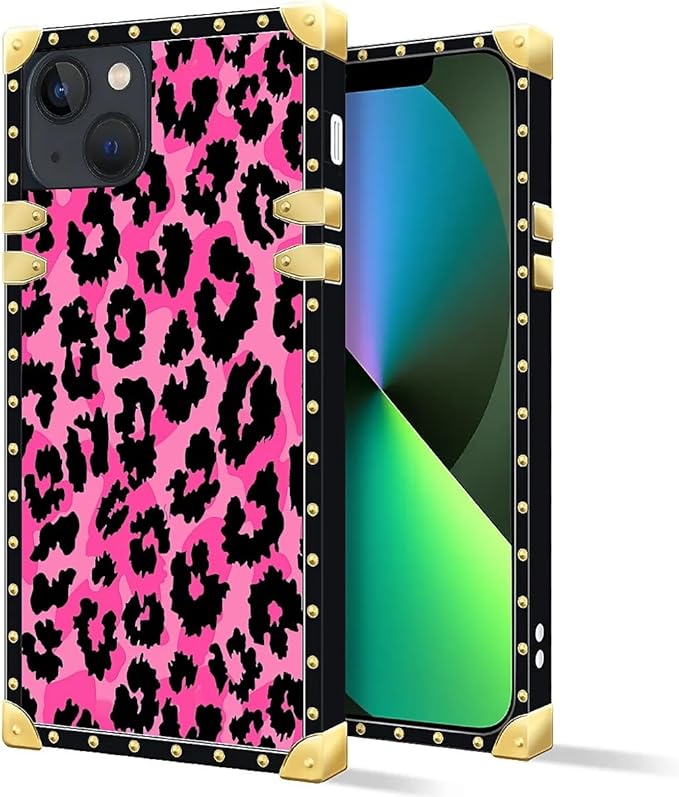 Compatible with iPhone 13 Case, Pink Black Leopard Luxury Golden Decoration for Girl Women Soft TPU Shockproof Protective Hard PC Back for iPhone 13