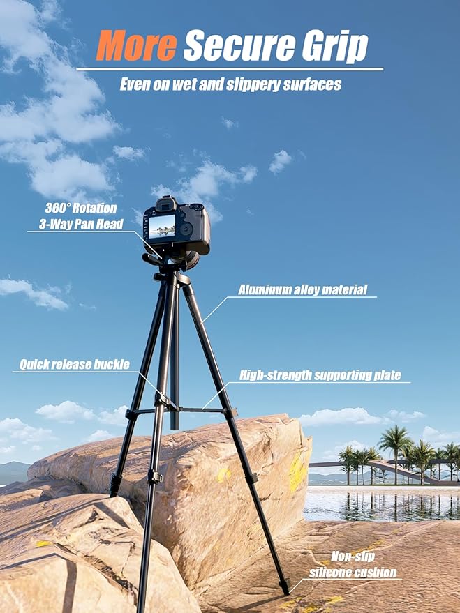 71" Camera Tripod, Versatile Cell Phone Tripod with Wireless Remote Phone Holder and Carry Bag, Lightweight Portable Camera Tripod Stand Compatible with Smartphone Cameras, Max Load 6.6 lbs