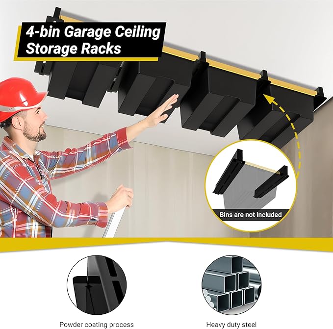 Overhead Garage Storage Rack 4-Bin, Heavy Duty Ceiling Racks w/ 400 LBS Load Capacity for Utility Bin, Powder Coated Tote Rack for Garages, Sheds, Storerooms,(5 PCS, for 4 Bins)