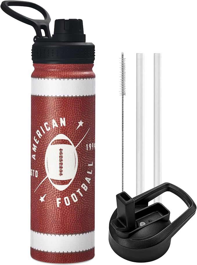 Football Water Bottle, 24 oz Insulated Stainless Steel Sports Bottle with Straw, Football Stuff Gifts for Boys