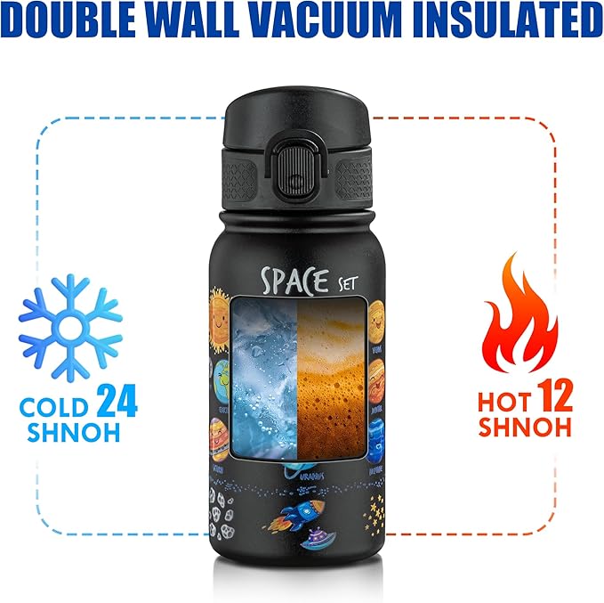 OLDLEY 12oz Kids Water Bottle, Stainless Steel Insulated Water Bottle For Kids, With Straws Leak-proof, Kids Water Bottles For School Boys Girls,Space Planet