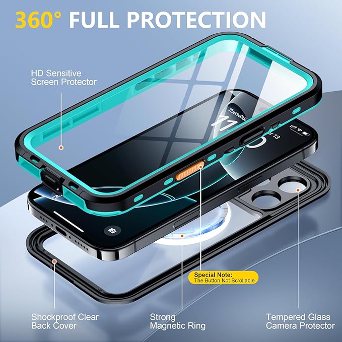 Red2Fire for iPhone 16 Pro Max Case Waterproof, [Built-in Screen Protector & Camera Protector][Compatible with MagSafe][Full Body Shockproof][IP68 Waterproof][Dustproof] Phone Case 6.9" Blue/Clear