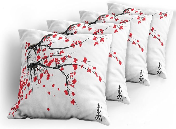 Ambesonne Nature Throw Pillow Cushion Case Pack of 4, Sakura Blossom Japanese Cherry Tree Garden Summertime Vintage Cultural Print, Modern Accent Double-Sided Digital Printing, 16", Grey Vermilion