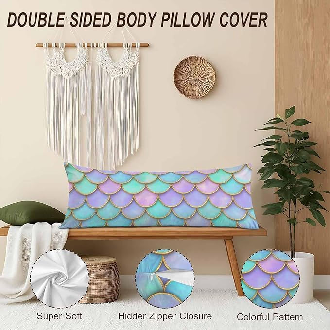 Body Pillow Covers Mermaid Body Pillowcase 20"X54", Mermaid Scales Couch Body Pillow Cases for Home Bedroom, Outdoor Body Cushion Cover for Men Women