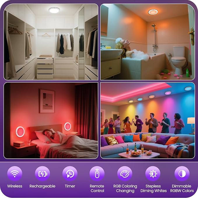 Motion Sensor Rechargeable Shower Light for Inside Shower with Remote, RGBW Battery Operated Ceiling Light, Wireless, Color-Changing Ambient Light, Warm-to-Cool Whites, Dimmable, Timer, Magnetic