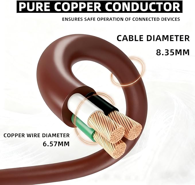 YOJOE Extension Cord, 3 Prong 13A Weatherproof Power Cord, 16 Gauge Heavy Duty 3 ft Brown Extension Cord for Garage, Garden and Home, 16/3 SJTW UL Listed